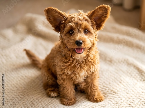Happy curly haired puppy sitting on bed.