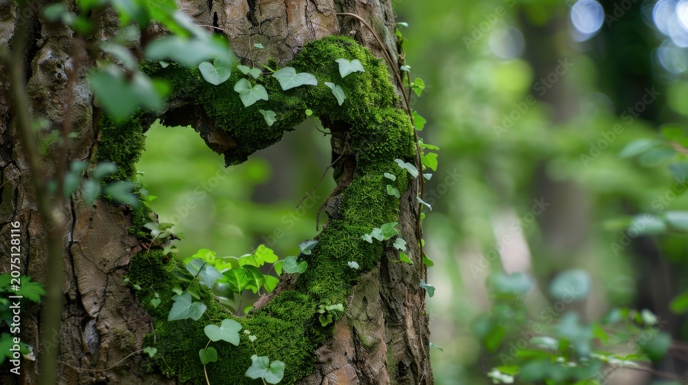 Fototapeta premium Heart-Shaped Moss and Ivy Lush Tree Symbolizing Nature's Love and Harmony in a Forest Setting