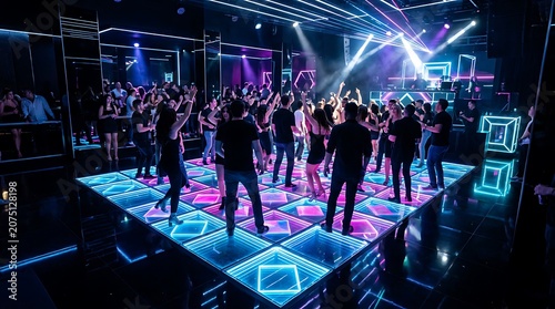 Vibrant nightclub crowd dancing under neon lights.