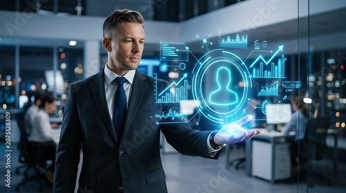 Businessman interacting with a glowing human figure outline and data visualizations