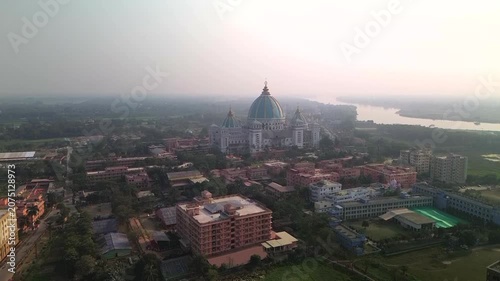Aerial view of the Vedic Planetarium and the Ganga River in Mayapur.