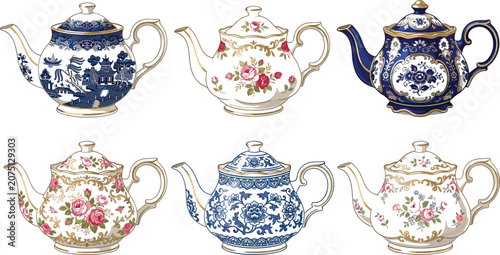 Bild auf Leinwand Elegant vintage porcelain teapot vector illustration set featuring blue willow c