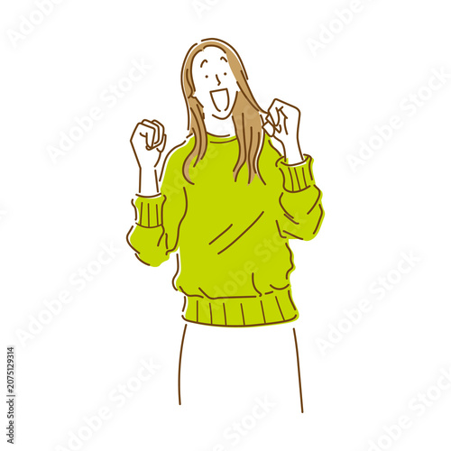 手を上げて笑顔で喜んでいる女性の上半身のイラスト素材