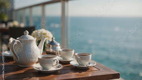 White tea pot and cups on a table by the window