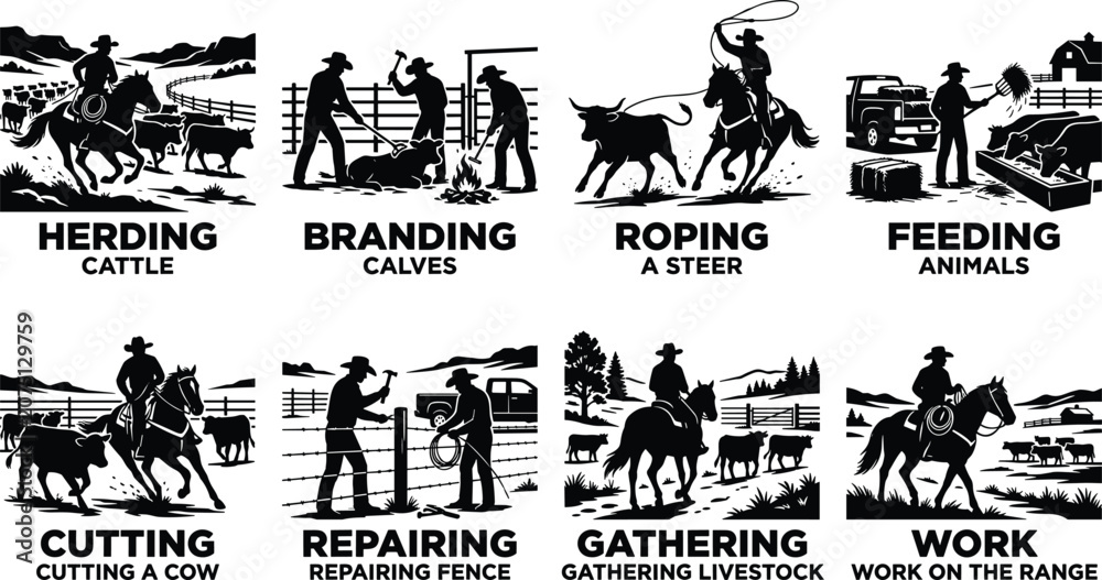 Fototapeta premium Cowboy Ranch Work Silhouette Collection with Cattle Herding Roping Branding and Farm Activities