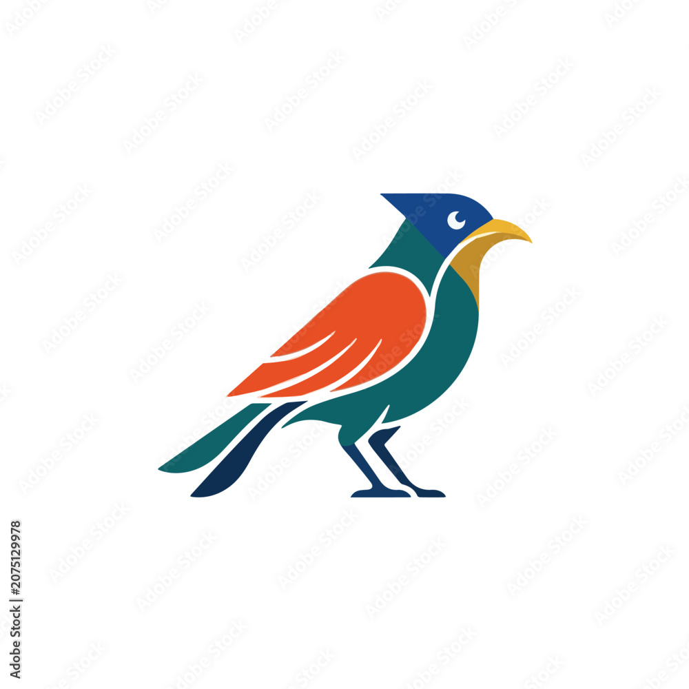 Fototapeta premium Colorful bird with orange wing and blue head standing on white background.