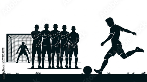 Soccer Player Kicking Free Kick against Defensive Wall and Goalkeeper Silhouette