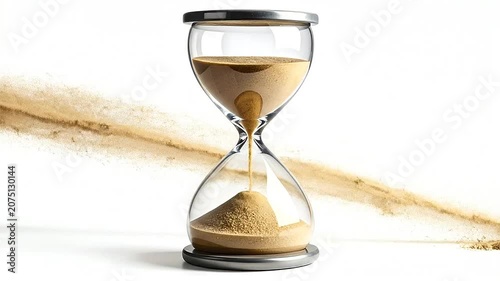 An hourglass with flowing sand against a clean white background