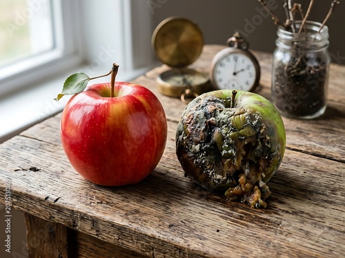 Fresh red apple and green broccoli on rustic wooden table.