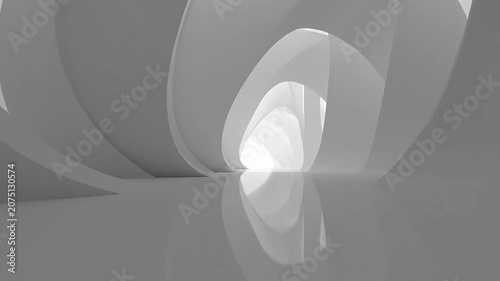 A bright abstract corridor with smooth white curved architectural walls
