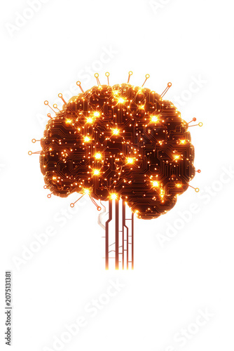 Glowing digital brain with circuit board design and bright lights symbolizing artificial intelligence and advanced technology innovation