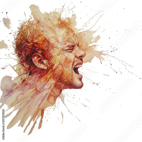Expressive man shouting with watercolor splash effect, intense emotion and dynamic paint splatter, artistic portrait in warm tones, transparent isolated background