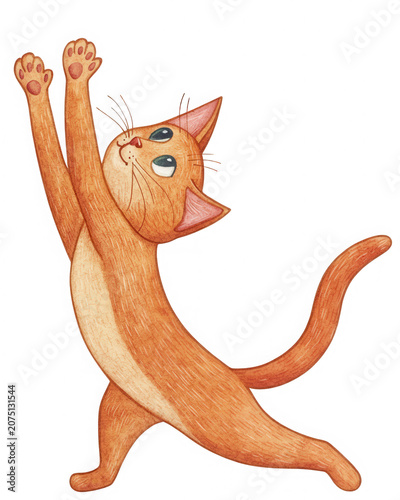 Orange cat stretching with raised paws and curious expression in playful pose