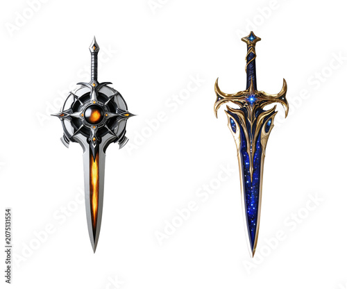 Fantasy sword with fiery core and silver design, elegant blue and gold sword with starry pattern