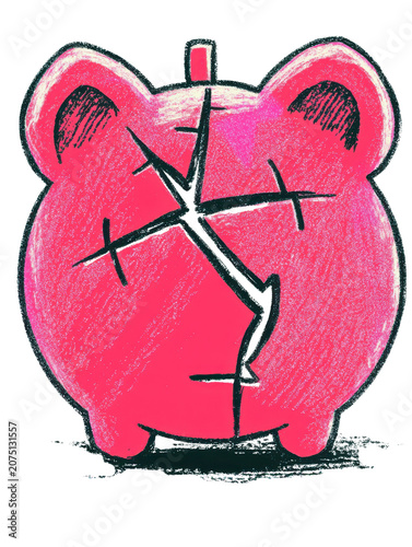 Broken pink piggy bank symbolizes financial struggles and need for savings. Its cracked surface reflects challenges of managing money, Isolated on transparent background