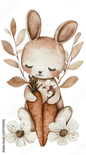 Cute bunny holding carrot with flowers and leaves, peaceful and charming watercolor art