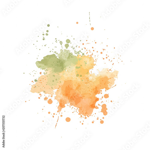 Watercolor paint splash with orange and green tones transparent background, artistic and colorful blotch with scattered