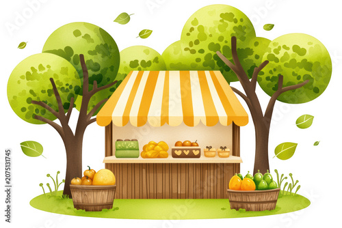 Fresh fruit market stall surrounded by lush green trees, showcasing vibrant fruits like oranges, lemons, and limes, creating cheerful atmosphere, Isolated cutout on a transparent background