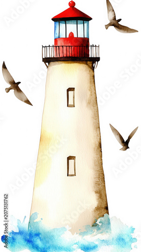Beautiful watercolor illustration of lighthouse surrounded by waves and flying birds, evoking sense of calm and serenity, Isolated cutout on a transparent background