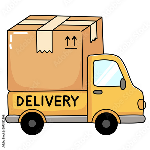 A delivery truck illustration with a large cardboard box package, cute cartoon doodle style commercial transport logistics