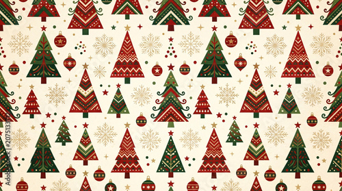 Christmas wrapping paper seamless pattern, red green gold trees ornaments snowflakes, vintage festive holiday illustration, cream background