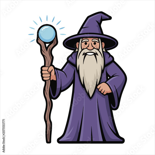 Cute Cartoon Wizard Character Holding Magic Staff, Fantasy Mage Mascot Illustration, Elder Wizard Cartoon Isolated Character Design, Magical Sorcerer Holding Glowing Crystal, Fantasy Magic Wizard Clip