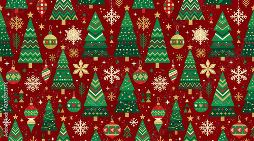 Christmas seamless pattern red background, geometric stylized green gold trees ornaments snowflakes, modern festive holiday wrapping design