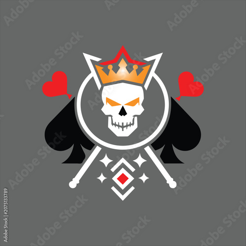 Cute Skull King Cartoon Illustration, Crowned Skull Character with Heart Symbols, Fantasy Skull King Mascot Design, Cartoon Skull Icon with Royal Crown, Cute Skeleton King Character Illustration