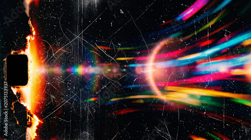 Burned film negative colorful light streaks explosion, scratched dark background, rainbow spectrum burst from left, analog distressed artistic effect