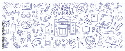 Hand drawn back to school doodle collection. Education and science icons on grid notebook paper. Includes school building, learning, creativity, classroom subjects and student life elements. Blue ink 