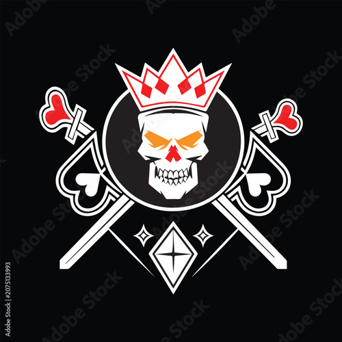 Cute Skull King Cartoon Illustration, Crowned Skull Character with Heart Symbols, Fantasy Skull King Mascot Design, Cartoon Skull Icon with Royal Crown, Cute Skeleton King Character Illustration