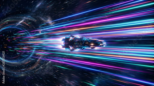 Spaceship flying at warp speed, vivid blue pink teal neon horizontal light trails, spiral galaxy background, sci-fi digital illustration
