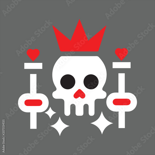Cute Skull King Cartoon Illustration, Crowned Skull Character with Heart Symbols, Fantasy Skull King Mascot Design, Cartoon Skull Icon with Royal Crown, Cute Skeleton King Character Illustration