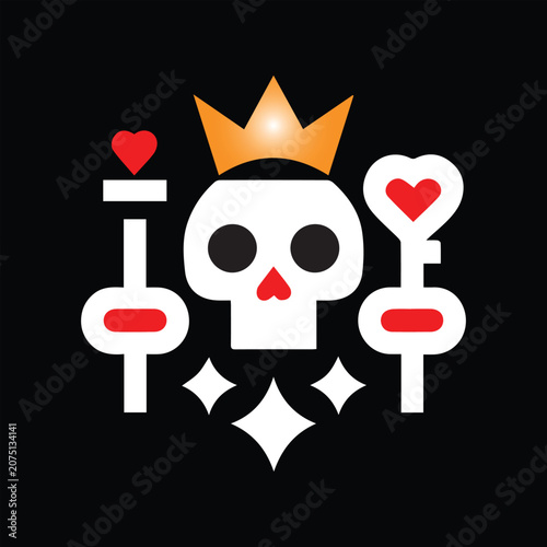 Cute Skull King Cartoon Illustration, Crowned Skull Character with Heart Symbols, Fantasy Skull King Mascot Design, Cartoon Skull Icon with Royal Crown, Cute Skeleton King Character Illustration