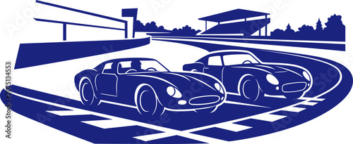 Quadro su tela Two vintage sports cars racing on a curved asphalt track with grandstands