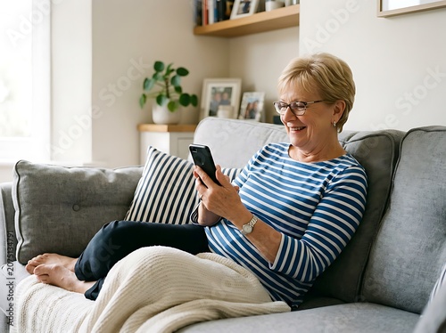 Senior woman relaxing on couch reading book.