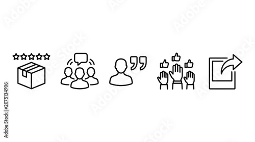 Set of sleek black and white linear icons illustrating concepts of product ratings, community discussion, testimonials, social likes, and content sharing mechanisms for digital platforms