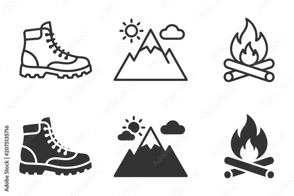 Fototapeta premium Outdoor adventure icons: hiking boots, mountains, campfire symbols.