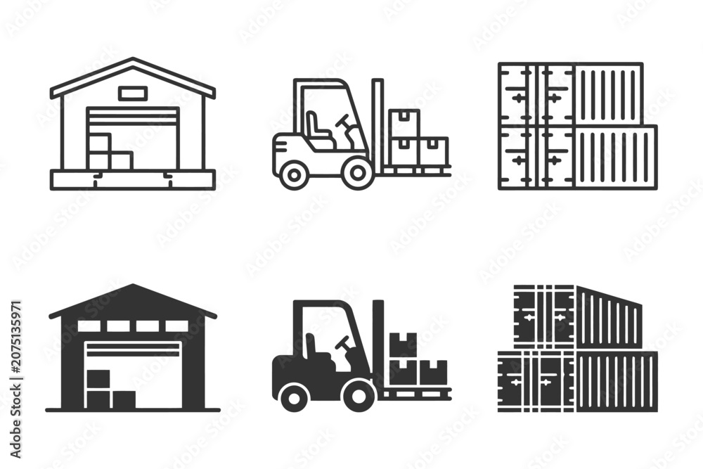 Obraz premium Warehouse and logistics icons with forklift and containers.