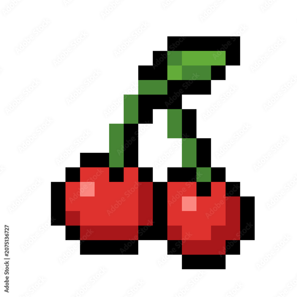 Fototapeta premium Pixel art illustration of a pair of red cherries with a green stem and leaf. Retro 8-bit or 16-bit 