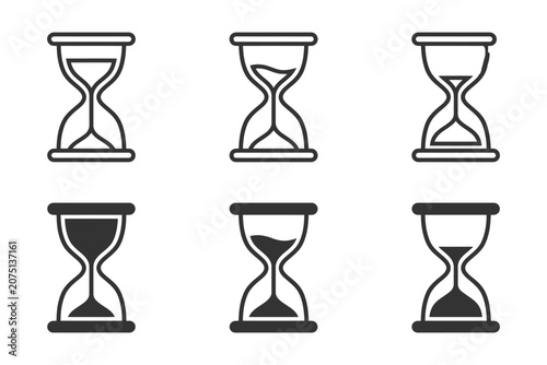 Hourglass set with various sand levels in minimalist black design.