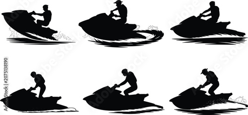 Tableau sur toile Jet ski rider silhouette icons set with people driving watercraft over ocean wav