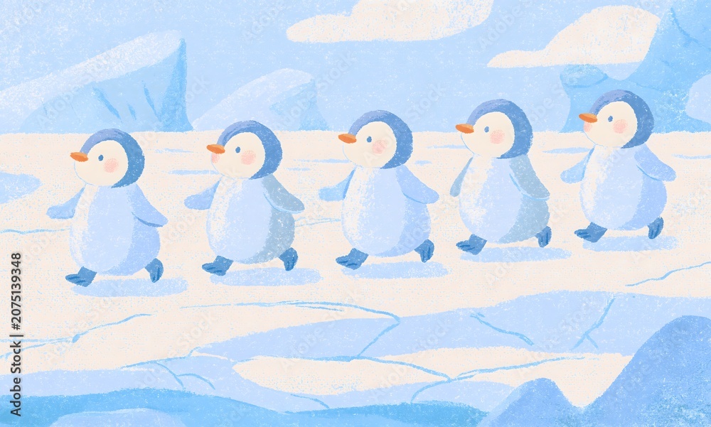 Obraz premium a cartoon illustration of five baby penguins walking in a line from left to right across a frozen, icy landscape. 
