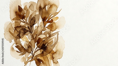 Abstract sepia watercolor botanical leaves with negative space