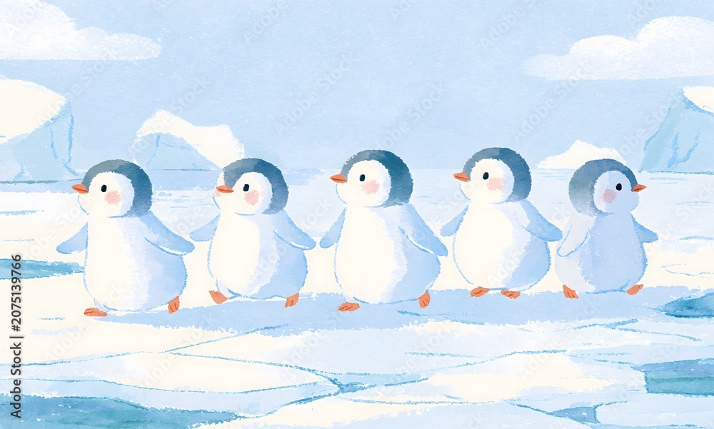 Fototapeta premium a cartoon illustration of five baby penguins walking in a line from left to right across a frozen, icy landscape.