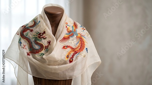 Luxury silk scarf featuring traditional dragon and phoenix embroidery
