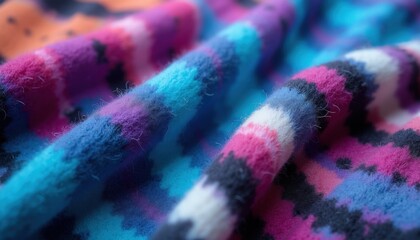 Close-up view of fluffy woolen fabric with vibrant abstract tie-dye pattern. Colorful swirls of pink, blue, purple, and white create a textured background for fashion designs.
