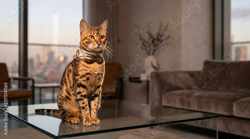 Elegant bengal cat wearing a scarf on a glass table in a modern home