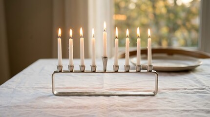Lit silver hanukkah menorah on a white tablecloth by a window