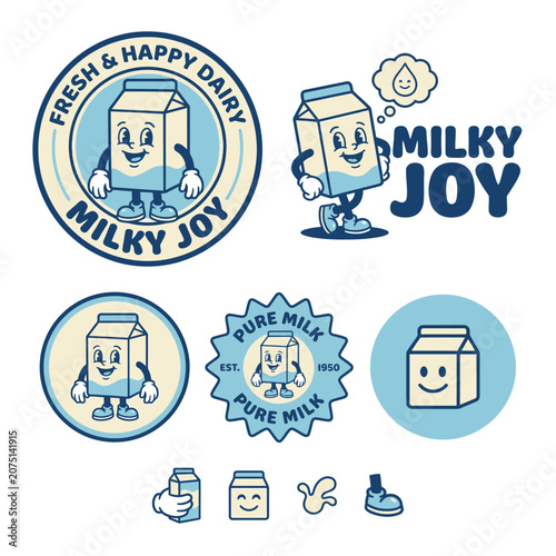 Retro Milk Carton Mascot Logo and Sticker Set - Vintage Cartoon Dairy Character Illustrations